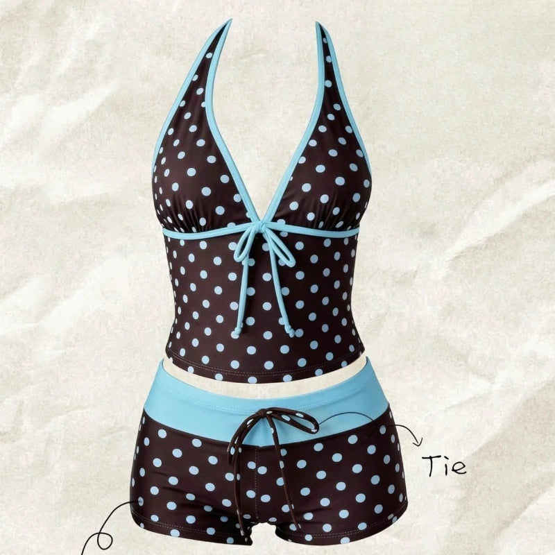 Polka Dot Halter Tankini with Swim Shorts