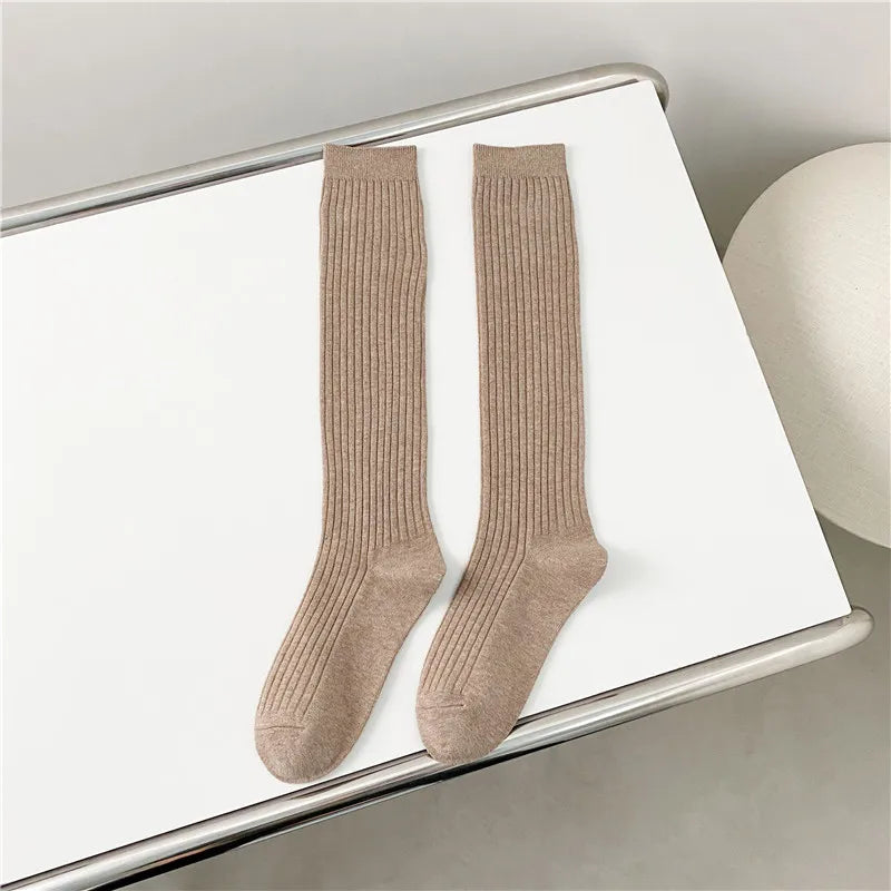 Solid Ribbed Knee High Socks with Shaped Heel