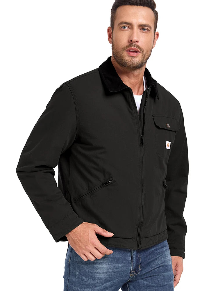 Men's Winter Cotton Jacket Warm Quilted Padded Lined Cargo Work Jacket Regular Fit Casual Lapel Trucker Coat