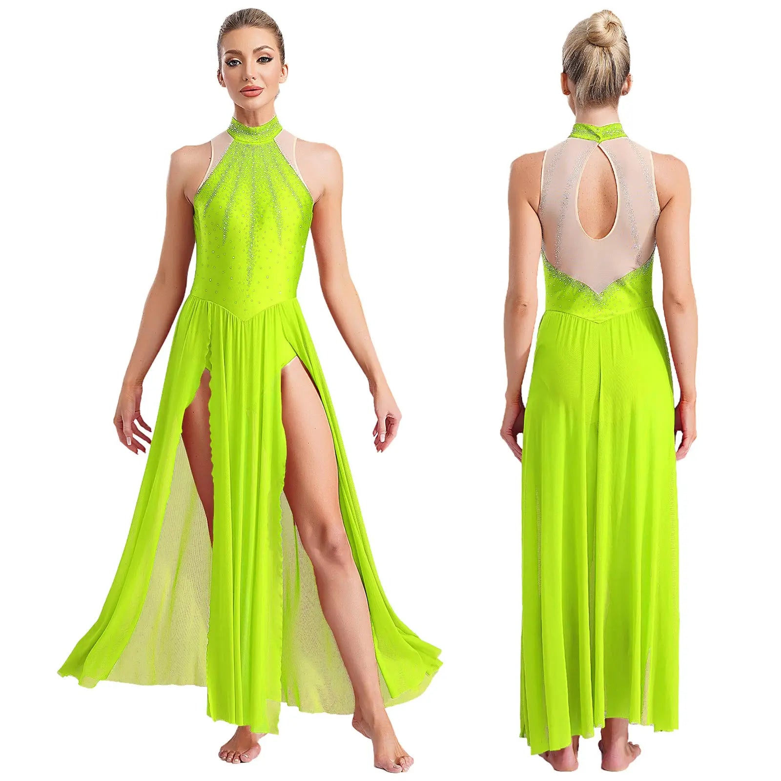 Women's Sleeveless Rhinestone Lyrical Dance Dress with Long Split Mesh Skirt