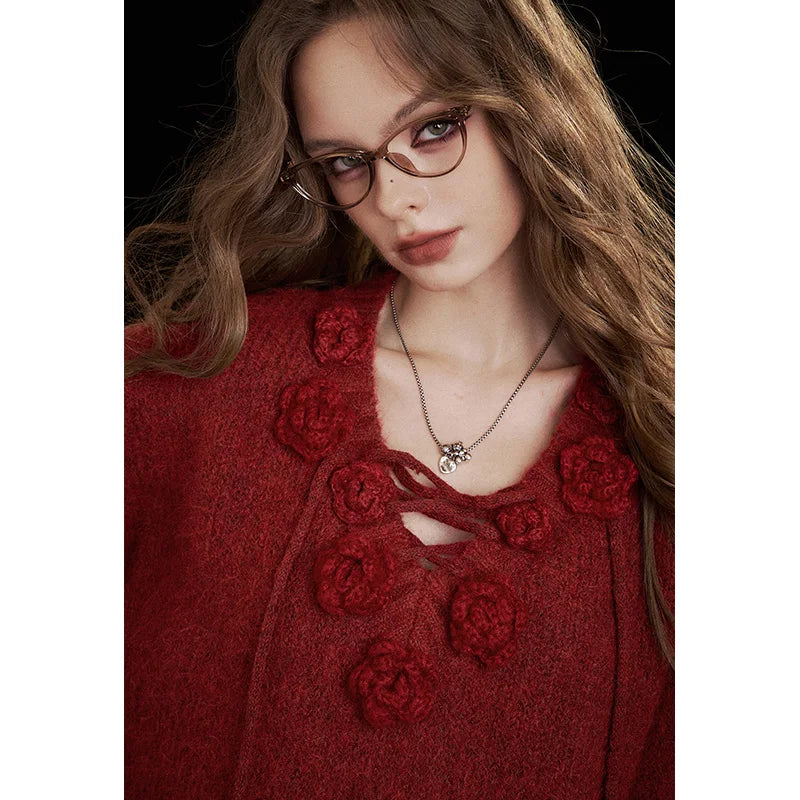 Women's Floral Applique V Neck Batwing Sweater Casual Knit Layer
