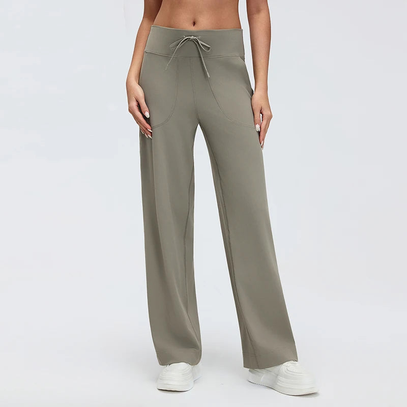 Women's Drawstring Waist Nylon Blend Wide Leg Pants with Length Options