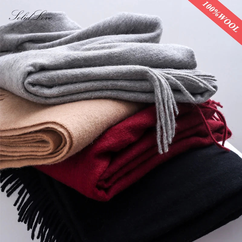 Solid Long Wool Scarf with Decorative Fringed Ends