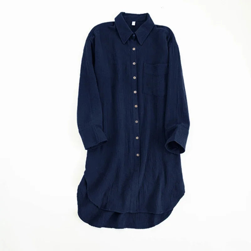 Women's Cotton Long-Sleeve Collared Loose A-Line Mini Shirt Dress with Front Buttons