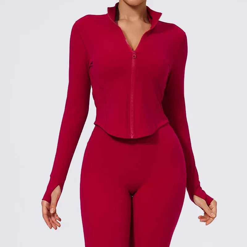 Women's Fitted Long Sleeve Zip Front Jacket For Workout Outfits