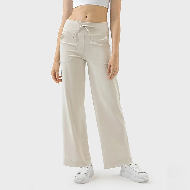 Women's Drawstring Waist Nylon Blend Wide Leg Pants with Length Options