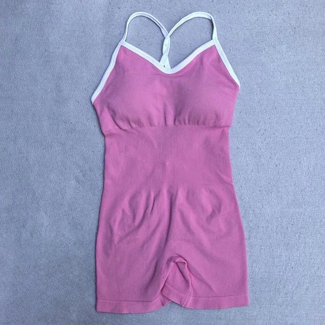 Women's Cross Back Nylon Blend Workout Romper with White Trim and Short Legs