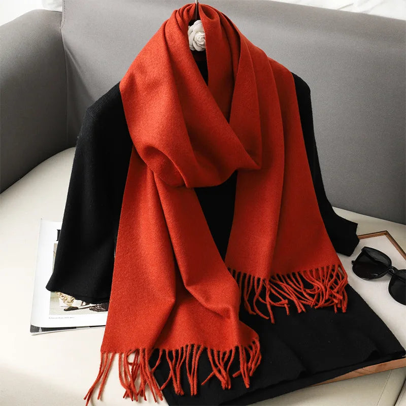 Solid Long Rectangular Scarf with Decorative Fringe Trim