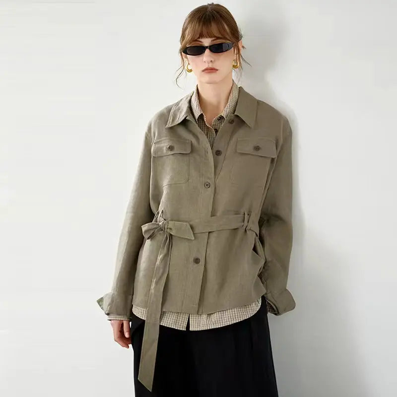 Women's Linen Long-Sleeve Collared Button-Front Jacket with Drawstring Waist and Front Pockets