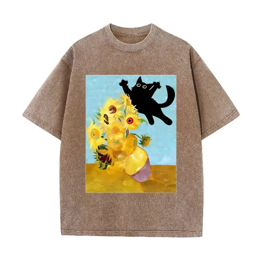 Van Gogh Sunflower Black Cat Parody Print Vintage Washed Purple Casual Art T Shirt