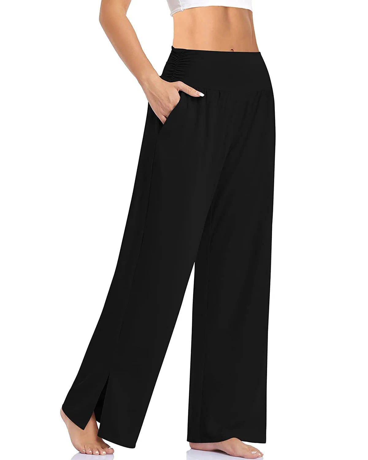 Women's High Waist Polyester Blend Wide Leg Pants with Ankle Slits