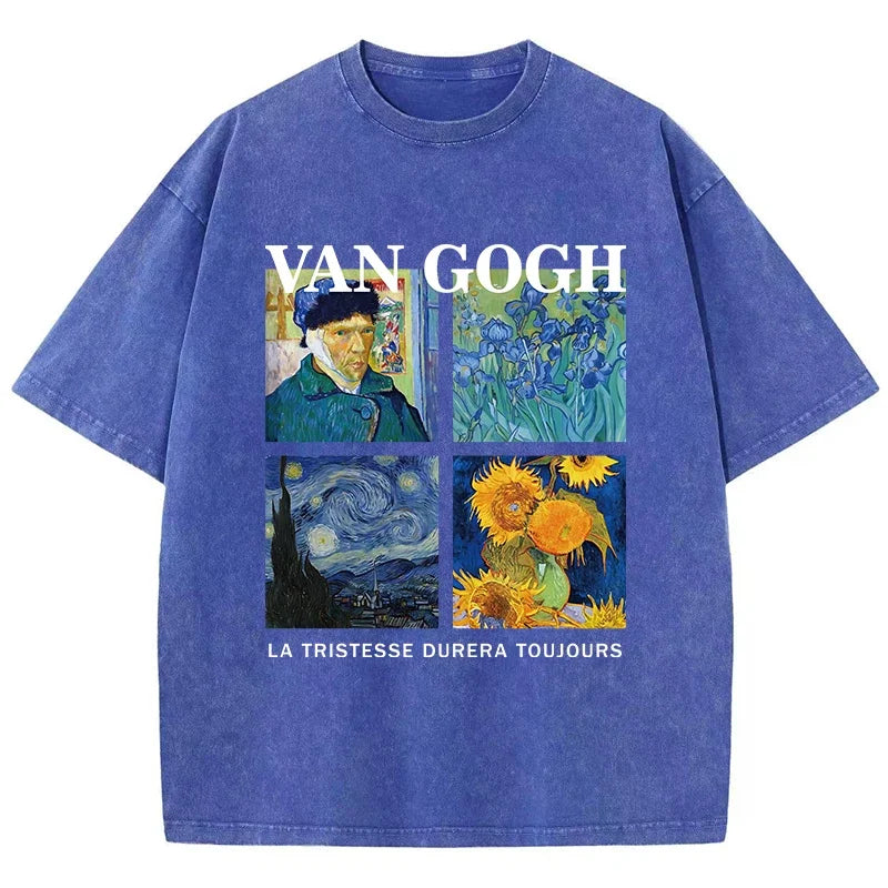 Fashionable Men's Washed T-shirt Printed Top Cotton Oversized Round Neck T-shirt Street Wear