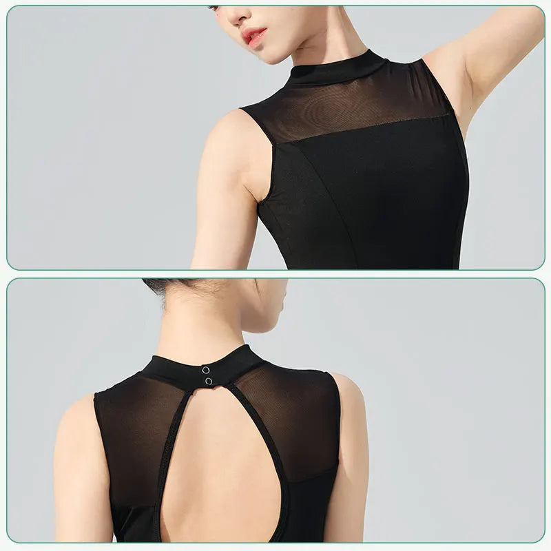 Women's Sleeveless Mock Neck Ballet Leotard with Mesh and Back Cutout