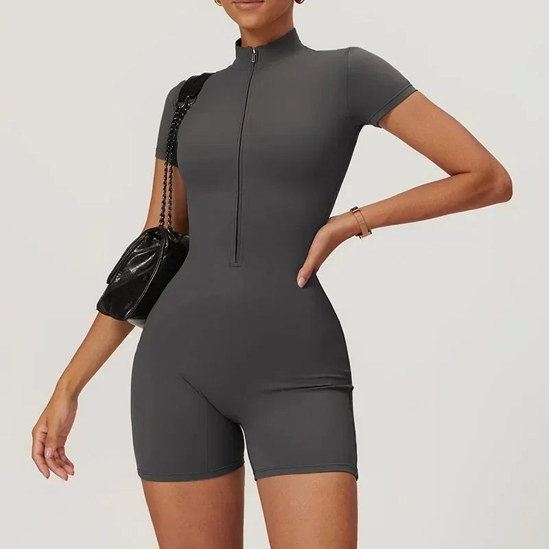Women's Zip-Front Short-Sleeve Workout Romper