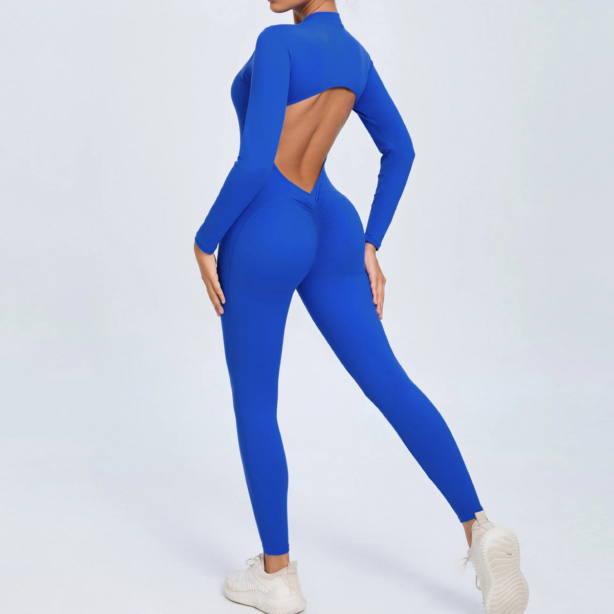 Women's Long Sleeve Nylon Blend Workout Jumpsuit with Zipper and Open Back