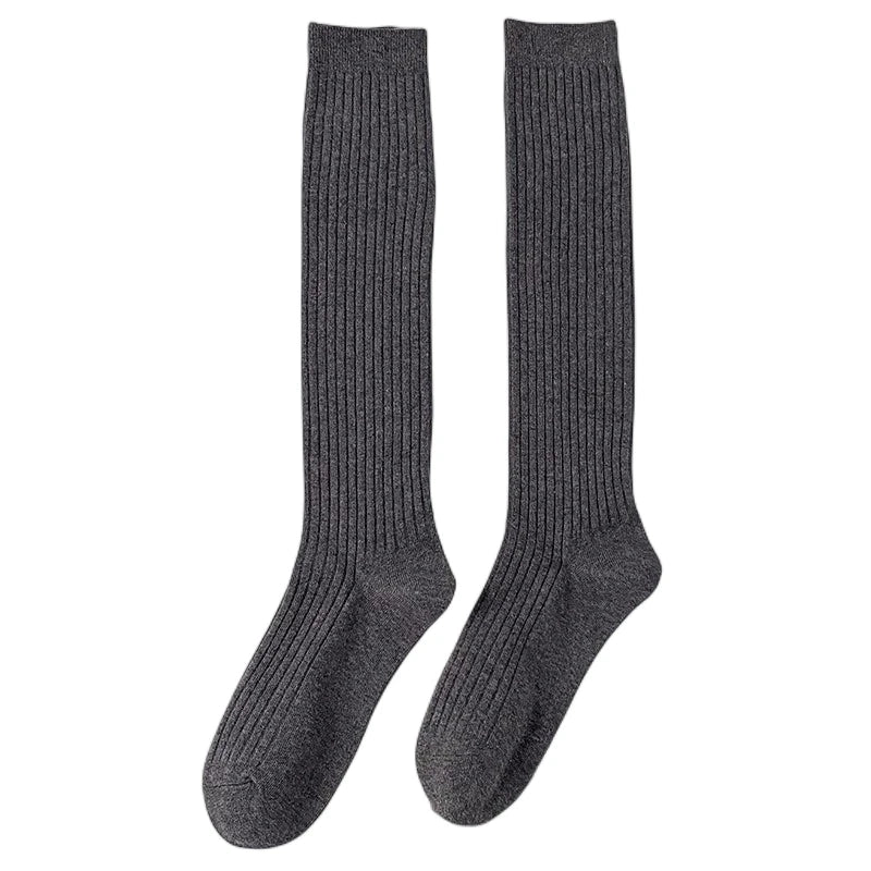 Solid Ribbed Knee High Socks with Shaped Heel