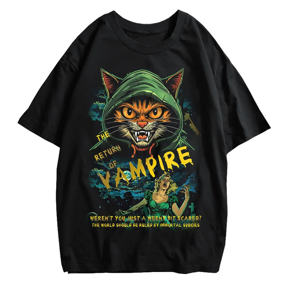 Japanese Cat Cartoon Graphic Baggy T-Shirt Men Streetwear