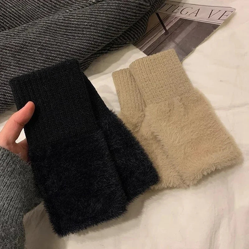 Plush Fingerless Gloves with Ribbed Knit Wrist Cuffs