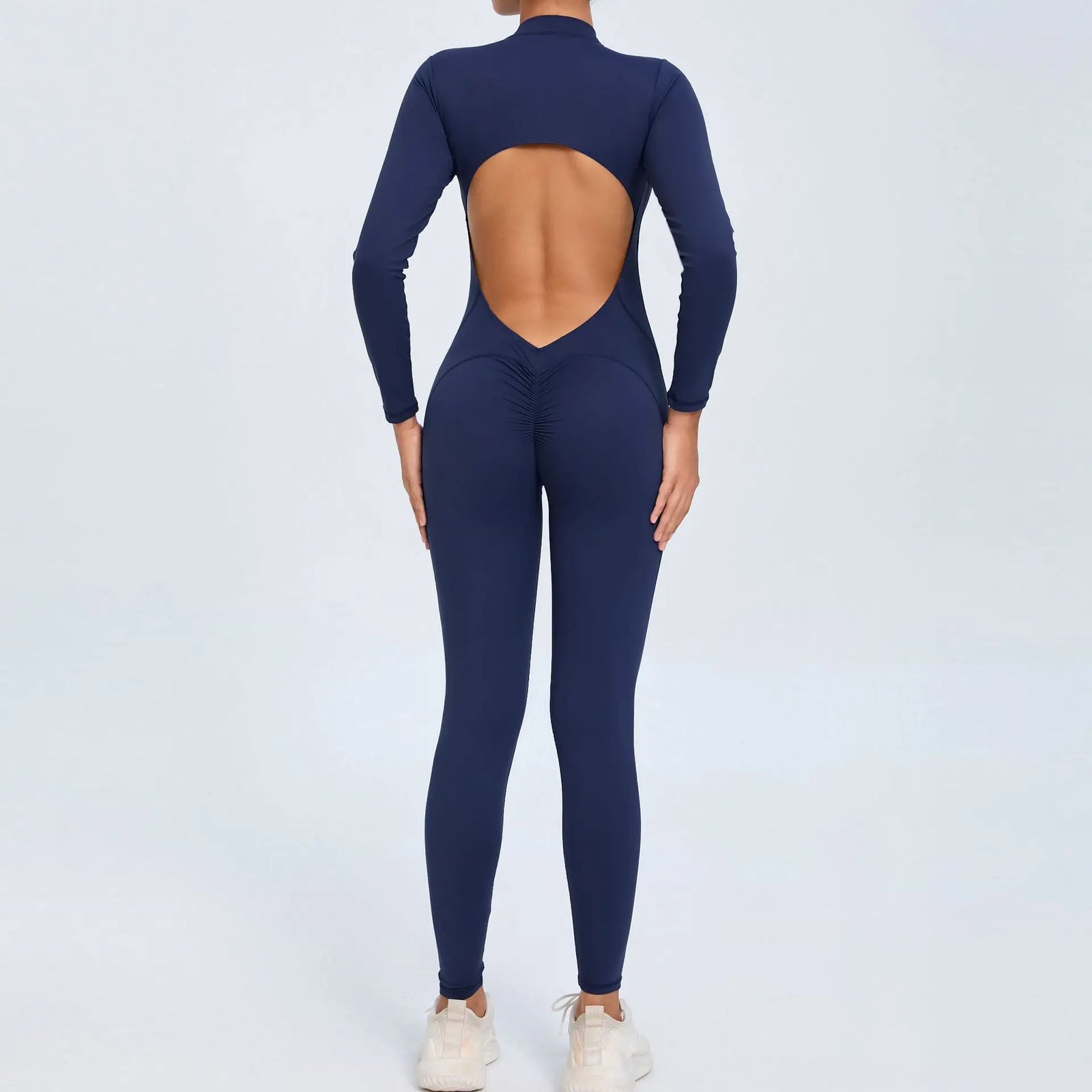 Women's Long Sleeve Nylon Blend Workout Jumpsuit with Zipper and Open Back