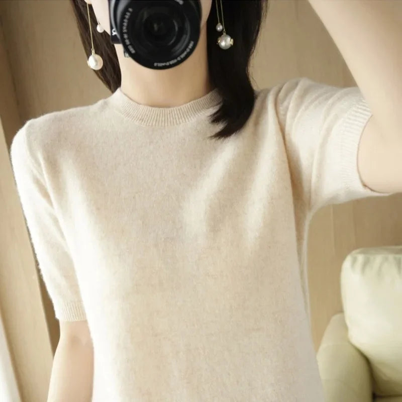 Women's Crew Neck Short Sleeve Sweater Casual Knit Layer