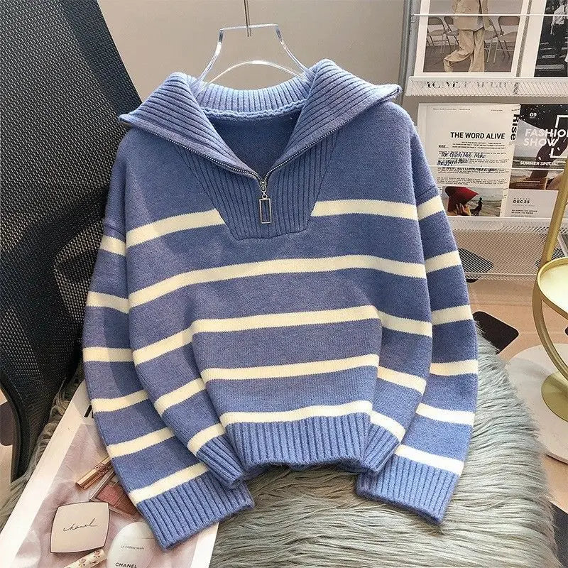 Women's Striped Half Zip Pullover Sweater Casual Knit Layer