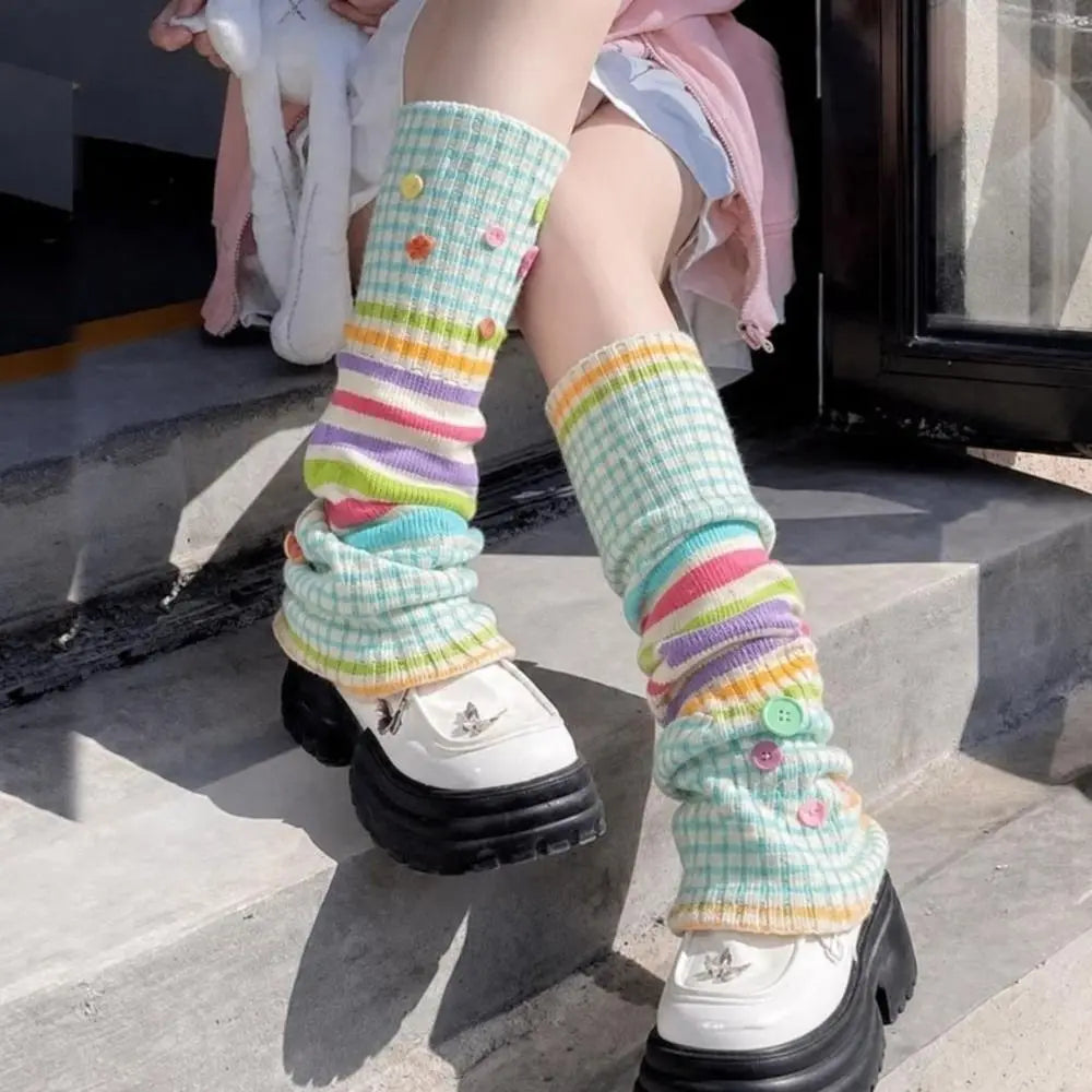 Pastel Striped Knit Leg Warmers with Decorative Floral Details