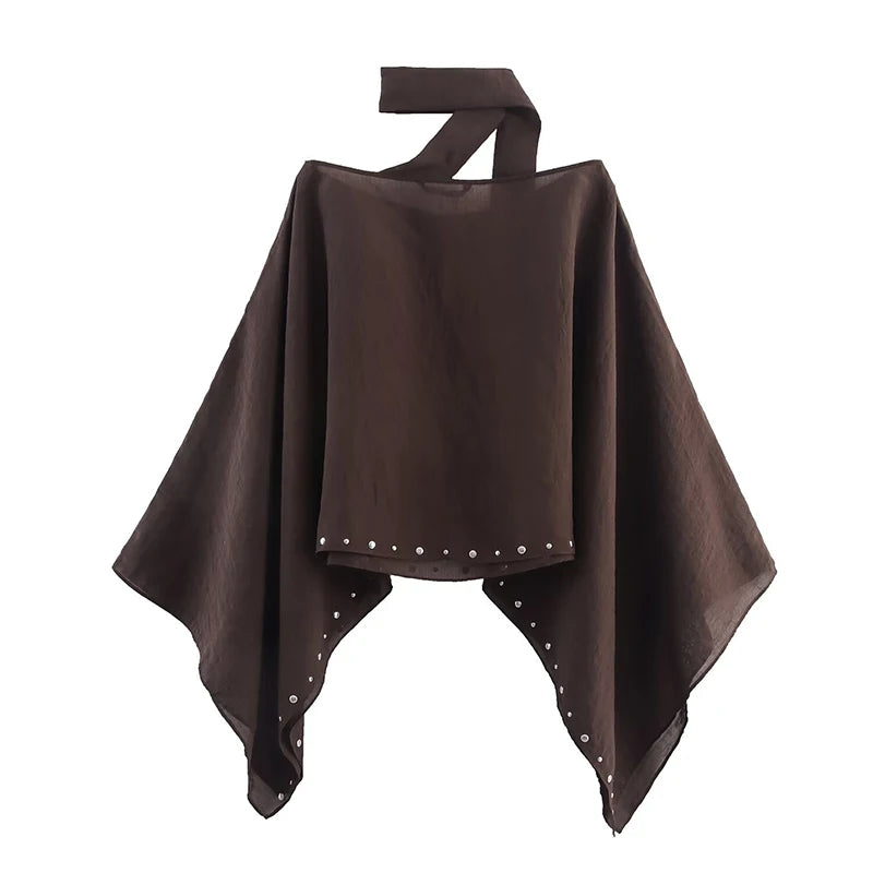 Cropped Stud Trim Cape with Asymmetric Draped Side Panels