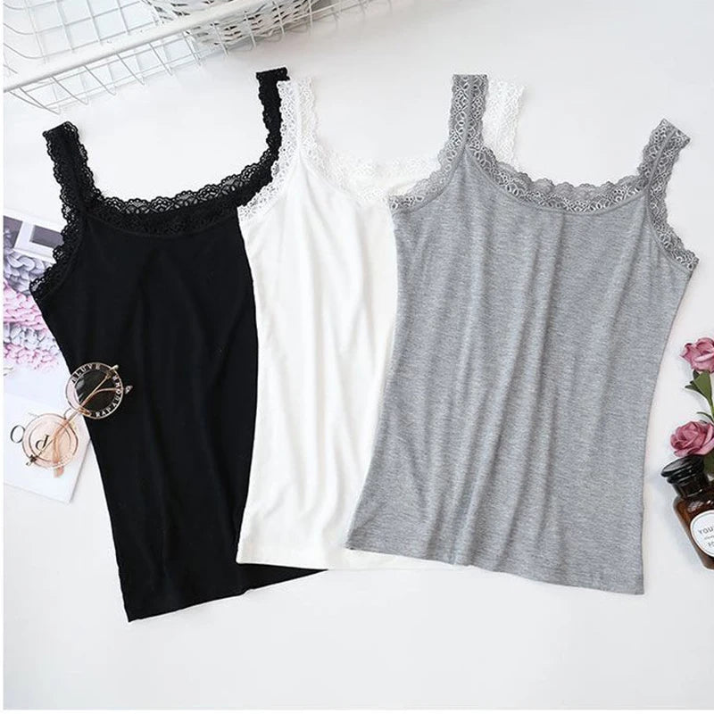 Women's Fitted Camisole with Spaghetti Straps and Lace Trim at the Neckline