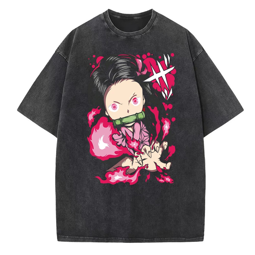 Harajuku Anime Demon Slayer Kamado Nezuko Wash T Shirt Men Women Short Sleeve Casual Graphic Tee