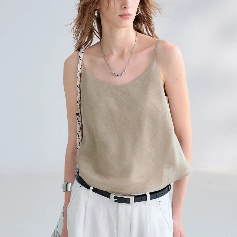 Women's Ramie Sleeveless Backless Camisole Top with Relaxed Shape for Casual Outfits
