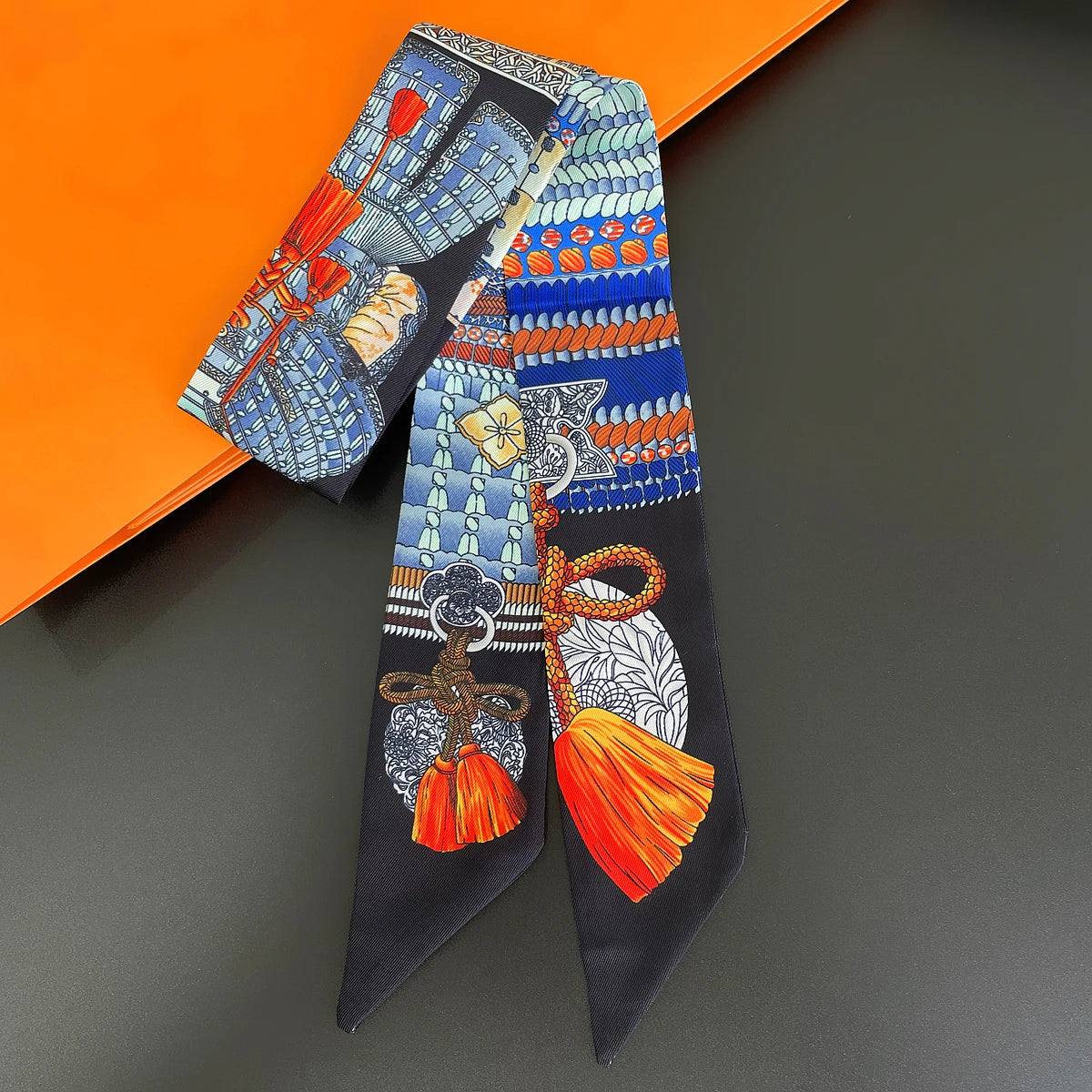 Colorful Printed Skinny Ribbon Scarf with Tie Ends