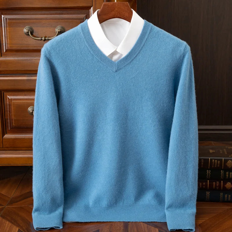 Men's Wool V-Neck Long-Sleeve Knit Pullover Sweater