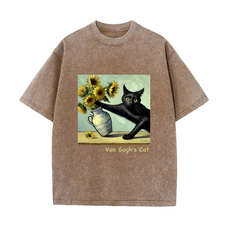 Funny  s Cat Sunflower Art Print Vintage Washed Black Casual Top