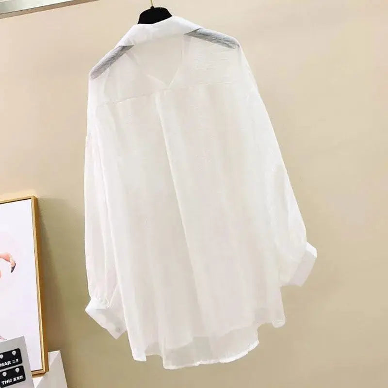 Women's Sheer Collared Long Sleeve Button Front Shirt