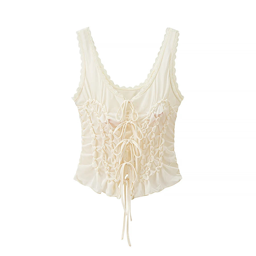 Women's Ruched Polyester Tank Top with Lace Trim and Front Tie