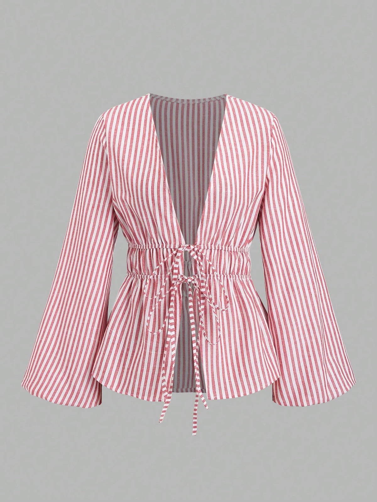 Women's Striped Wrap Blouse with Back Tie and Wide Sleeves