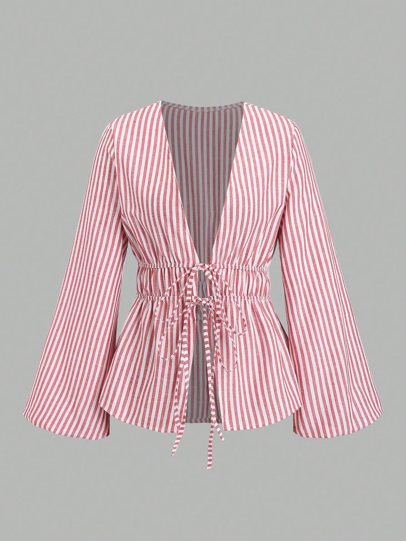 Women's Striped Wrap Blouse with Back Tie and Wide Sleeves