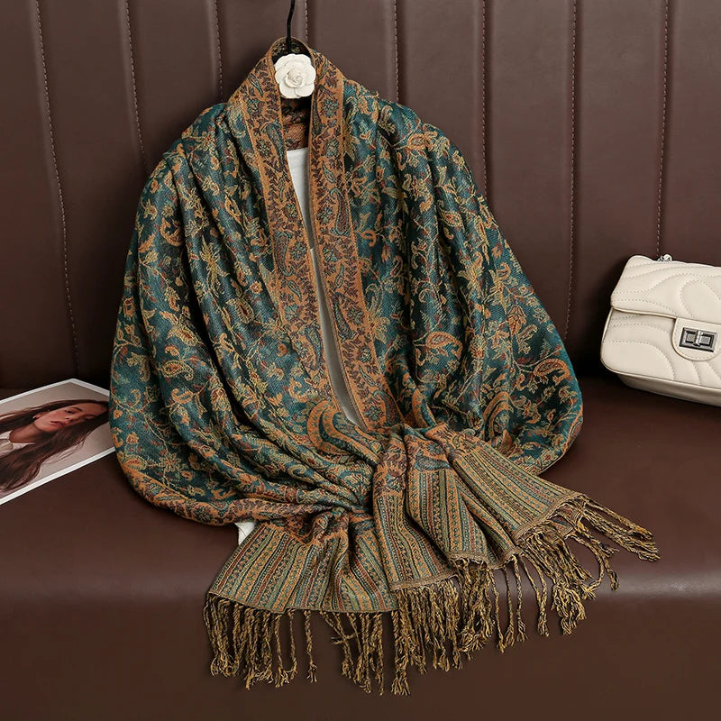 Paisley Floral Print Long Scarf with Fringed Ends