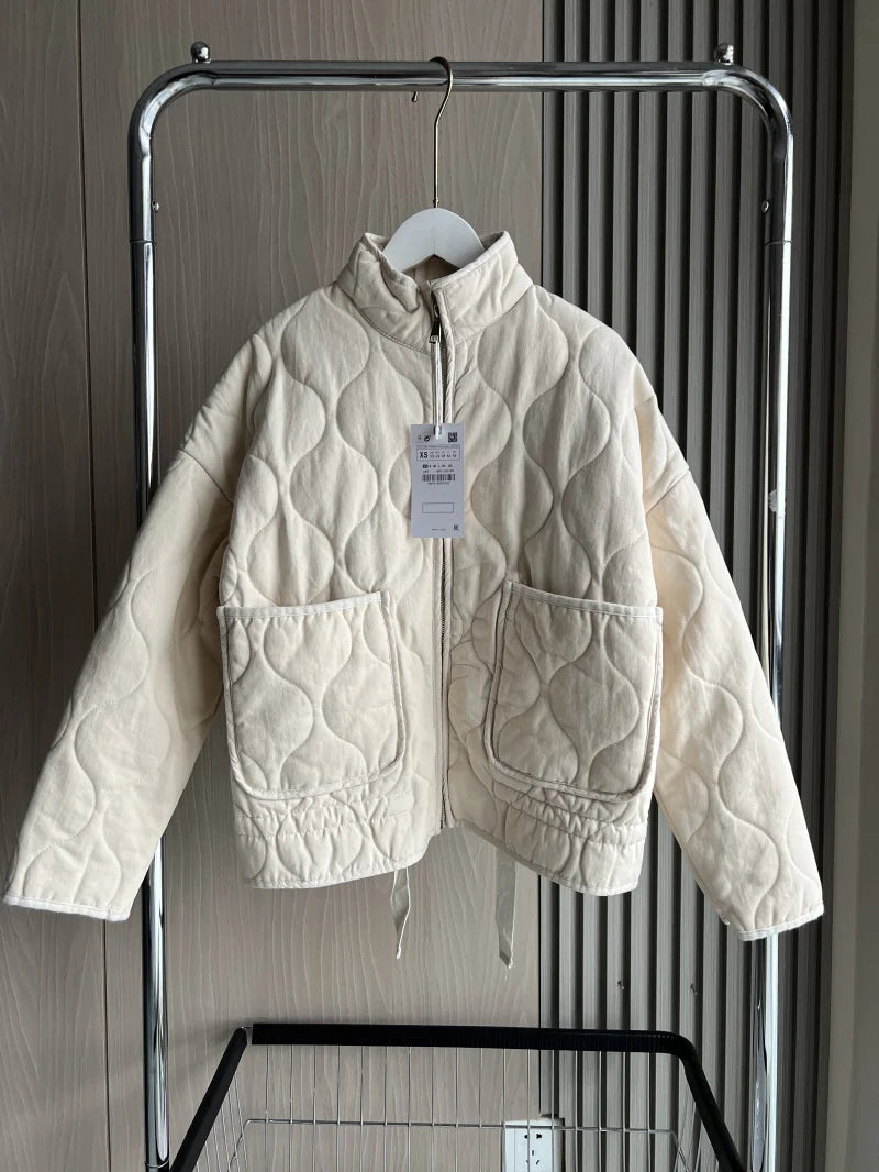 Stand Collar Long Sleeve Quilted Padded Casual Jacket