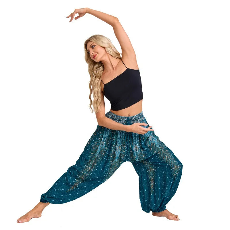 Women's Printed Rayon Harem Pants with Elastic Waist and Loose Gathered Legs