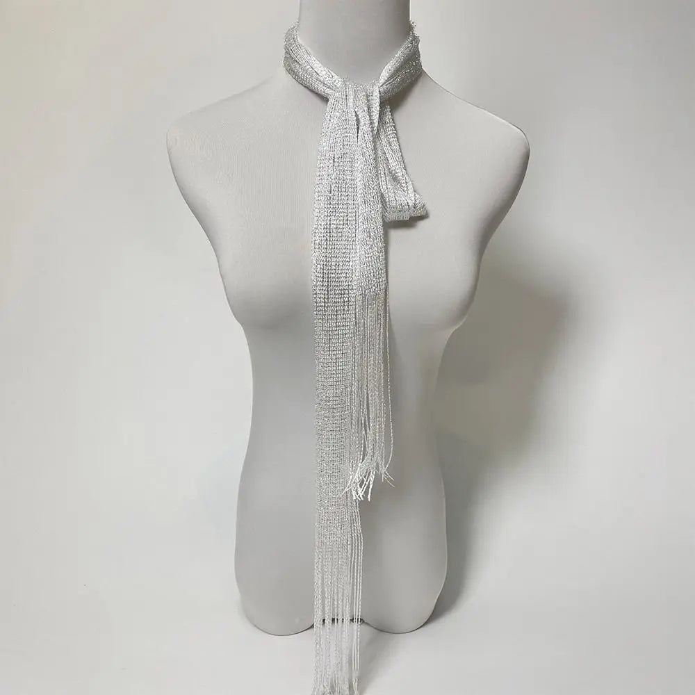 Sheer Long Narrow Scarf with Shimmer and Tassel Ends