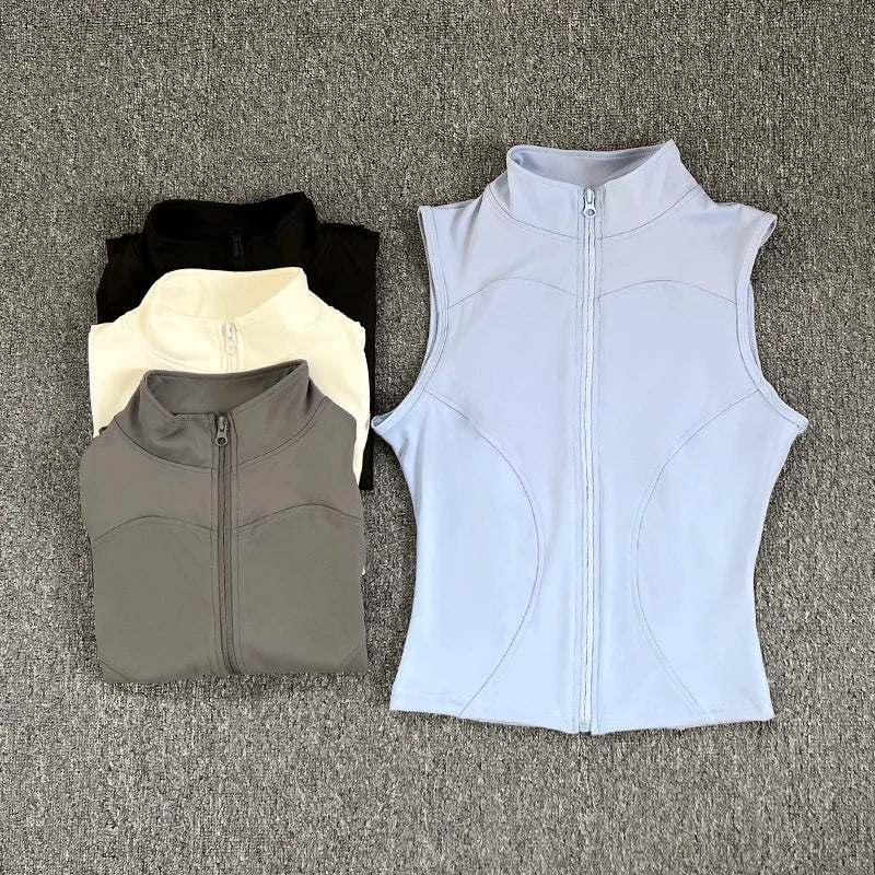 Women's Polyester Blend Zip Front Workout Tank with a Stand Collar