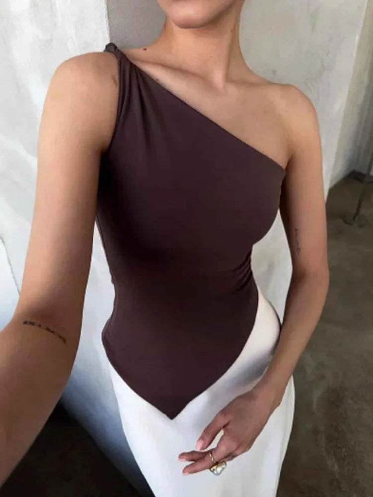 Women's One Shoulder Polyester Blend Tank Top with Ruched Asymmetric Hem