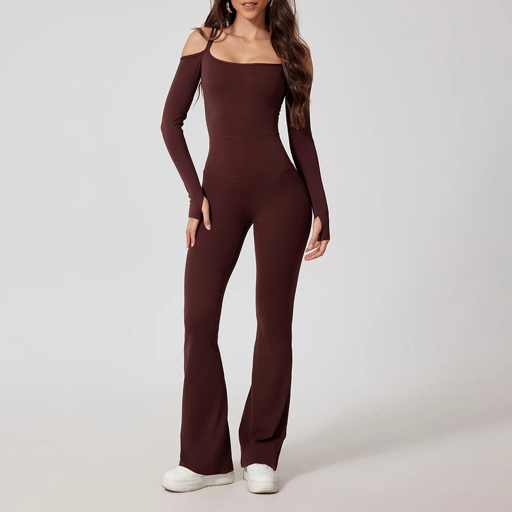 Women's Cold Shoulder Nylon Blend Workout Jumpsuit with Long Sleeves and Flared Legs