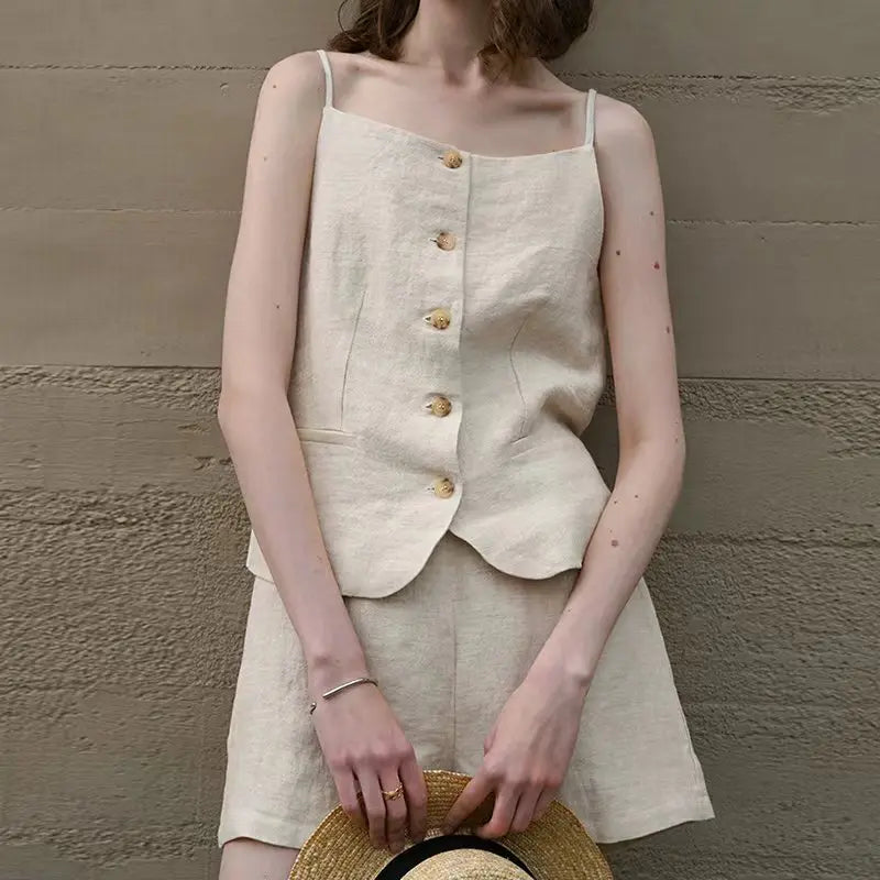 Women's Linen Strapless Cropped Camisole Top with Front Buttons for Casual Outfits