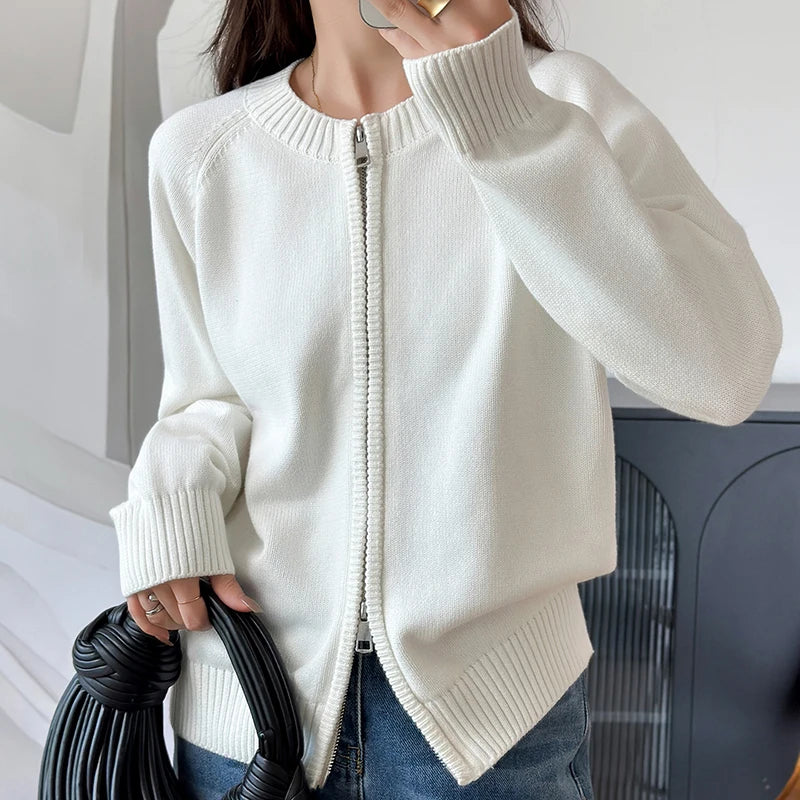Women's Crew Neck Full Zip Cardigan Casual Knit Layer