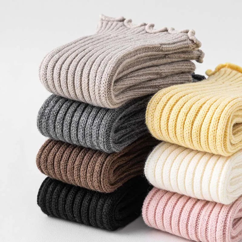 Solid Ribbed Calf Leg Warmers with Ruffled Edge Trim