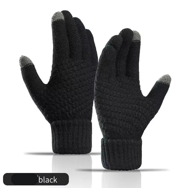 Black Full Finger Knit Gloves with Ribbed Cuffs