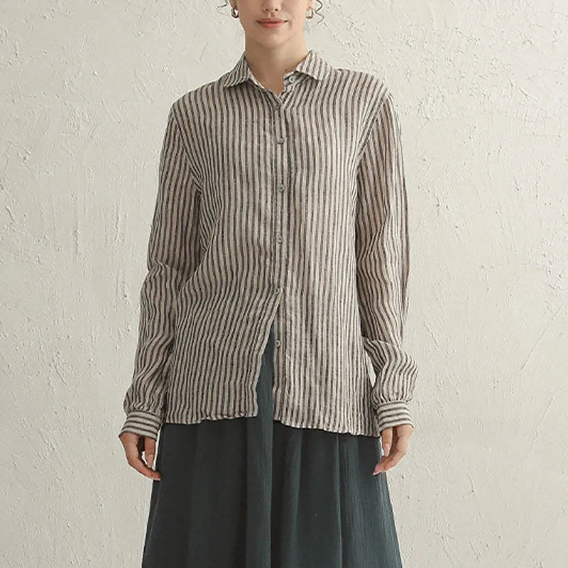 Women's Cotton-Linen Striped Long-Sleeve Shirt with Classic Collar for Casual Everyday Outfits