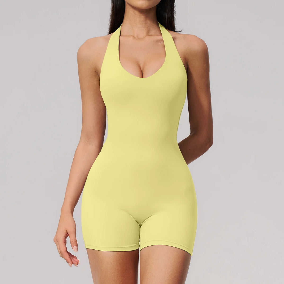 Women's Halter Neck Workout Romper with Open Back and Fitted Short Legs